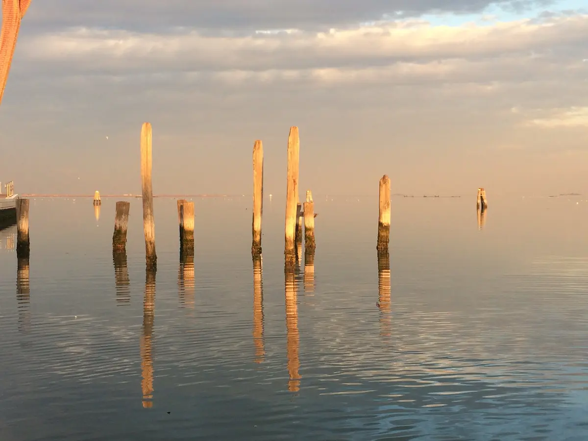 Briccole mooring posts in the lagoon at sunset